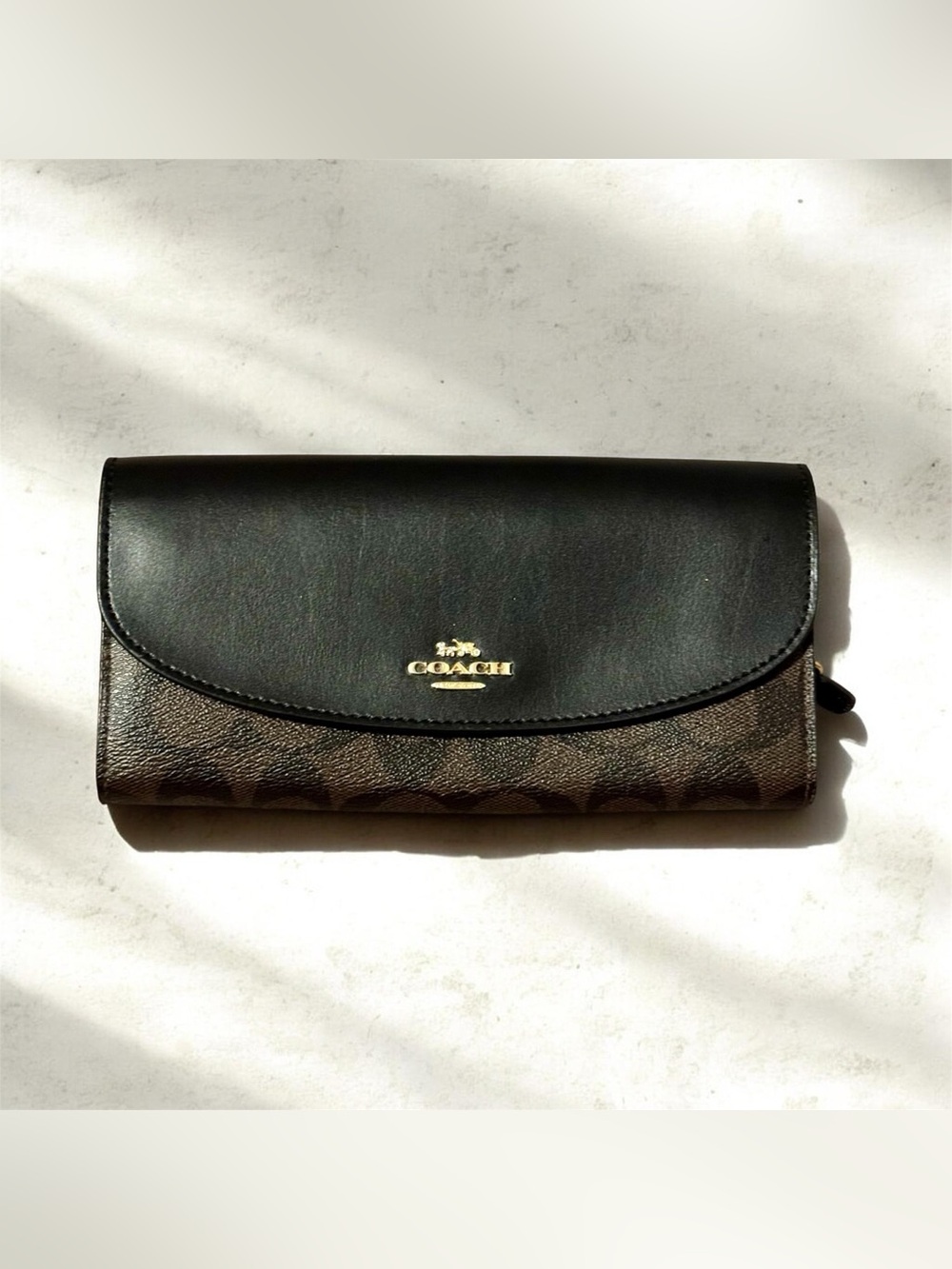 Coach Signature Canvas Black Leather Slim Envelope Wallet Brown Gold